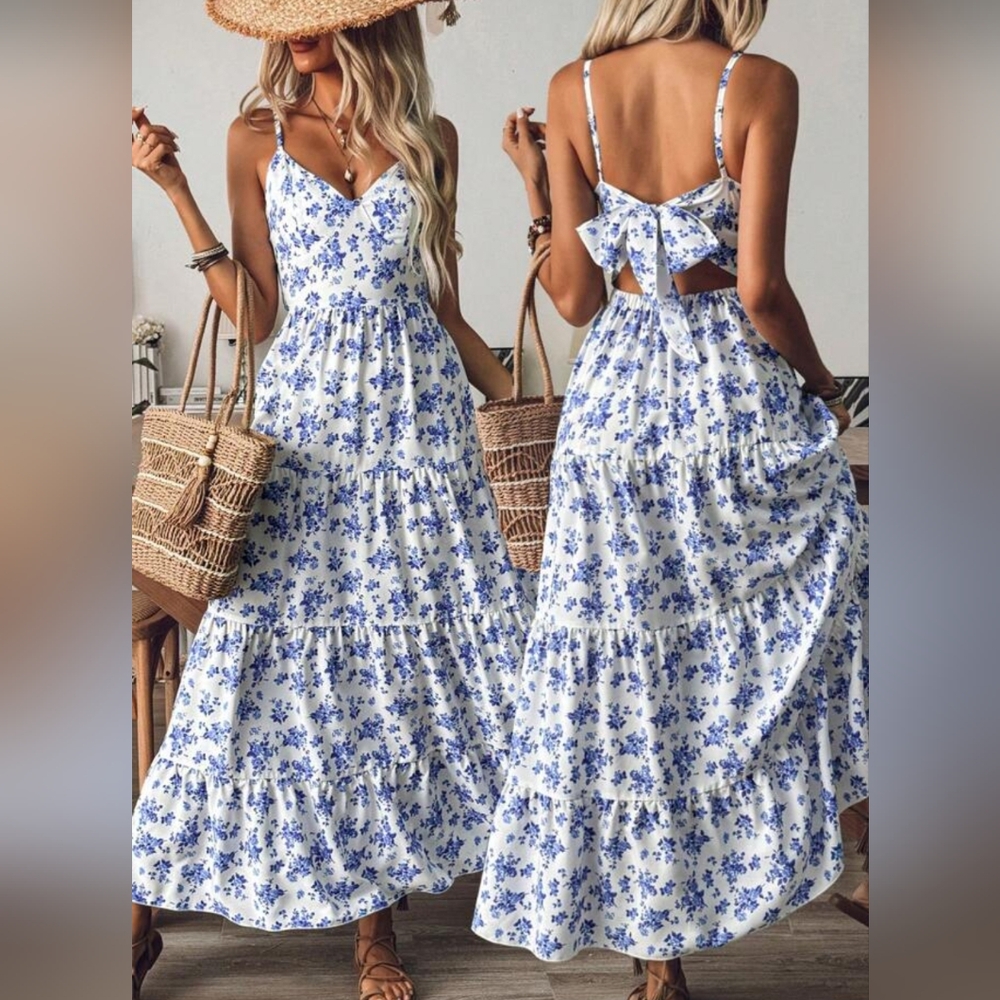 Floral Maxi Dress Spaghetti Strap Medium Blue